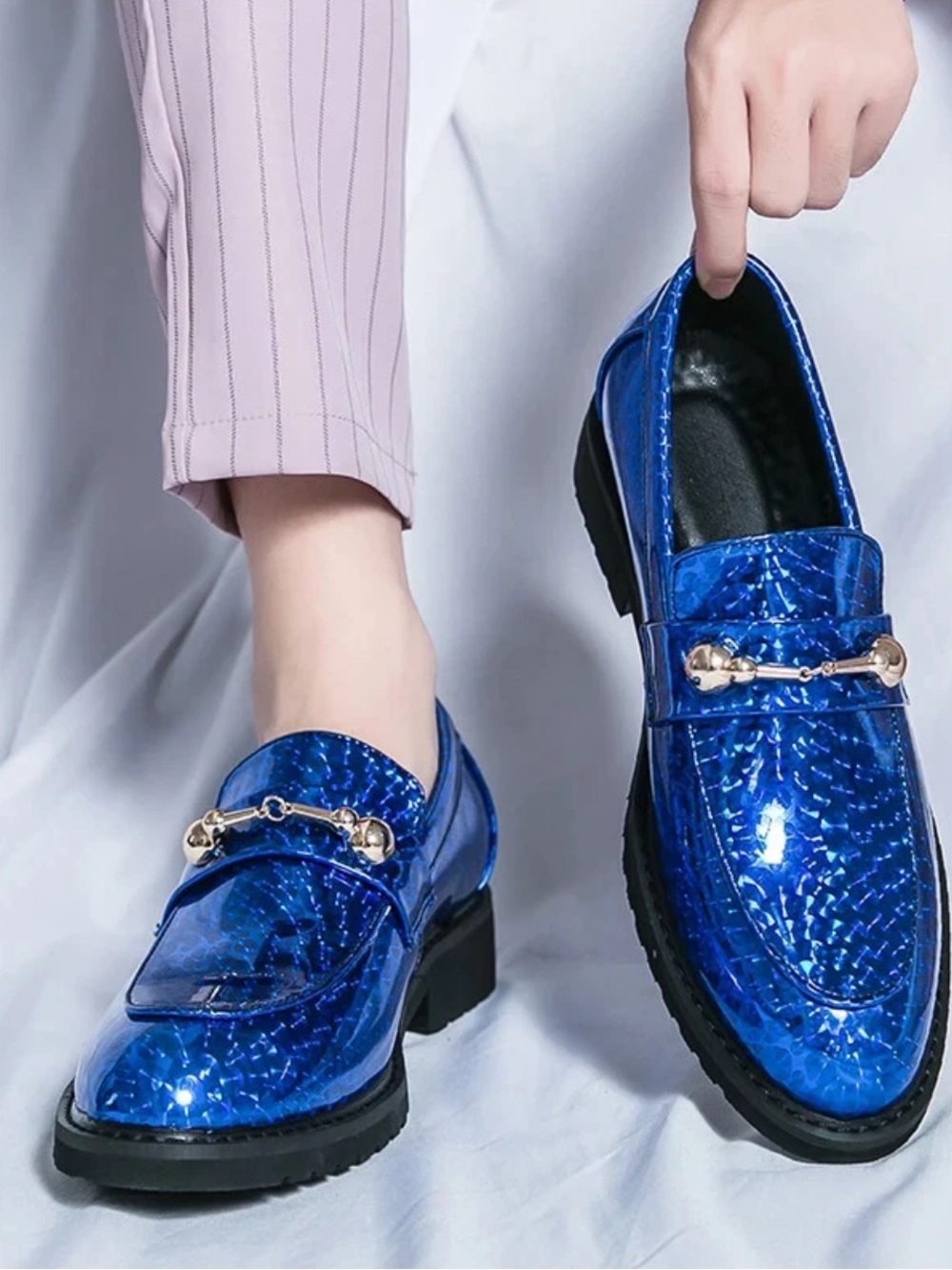 Men's Shiny Blue Slip-On Loafers with Gold Bit Detail